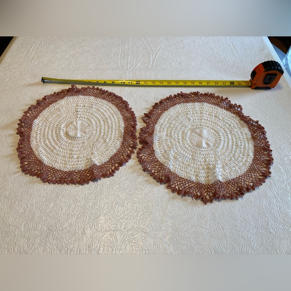 Vintage Handmade Crochet Doilies - Cream Center Brown Edge Pair 14” in diameter